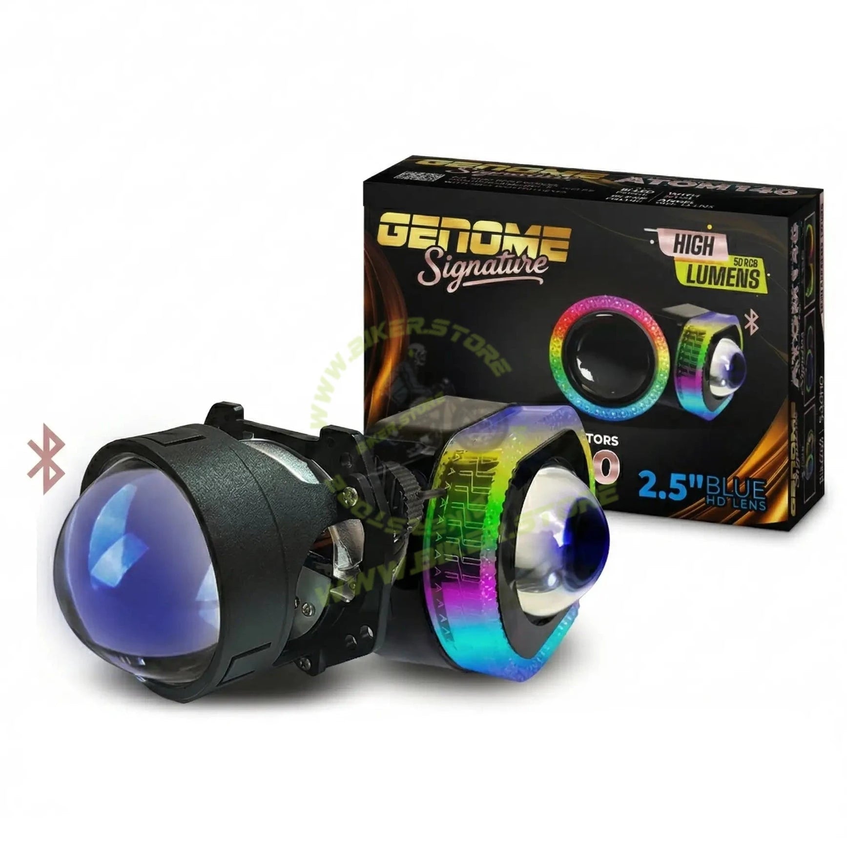 Genome 2.5 Inch RGB Atom 140 Halos LED Headlight Projector 140W (With Mobile App Control, RGB Halos) Headlight Projector 140W High Power 5500K 18000 Lumens High Brightness RGB Color Change - Biker.Store - www.biker.store