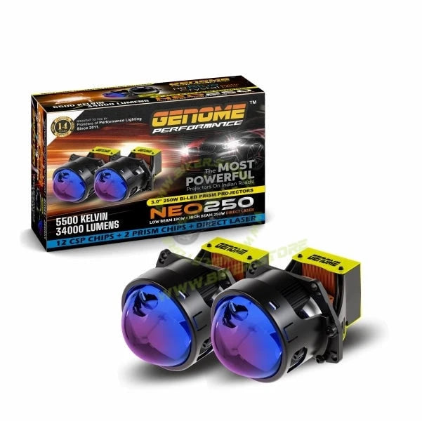 Genome 3 Inch Neo 250 Bi-LED Projector Direct Fit for Hyundai Venue 250W (With Black Bezels, White Halos) Headlight Projector 250W High Power 5500K 34000 Lumens High Brightness - with Customized Bracket for Hyundai Venue - Biker.Store - www.biker.store