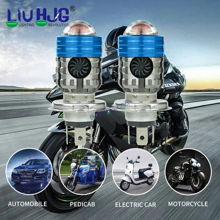 HJG H4 Lens Headlight Bulb with Cooling Fan New Model White Yellow LED Headlight Bulb H4 For All Motorcycles (Low and High Beam Bulbs (White/Yellow) White Yellow 40W Lens) LIU HJG H4 Lens Headlight with Cooling Fan - Type H4 - Biker.Store - www.biker.store