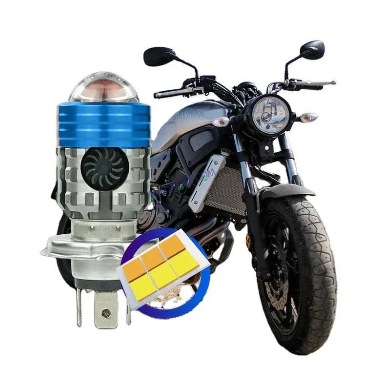 HJG H4 Lens Headlight Bulb with Cooling Fan New Model White Yellow LED Headlight Bulb H4 For All Motorcycles (Low and High Beam Bulbs (White/Yellow) White Yellow 40W Lens) LIU HJG H4 Lens Headlight with Cooling Fan - Type H4 - Biker.Store - www.biker.store