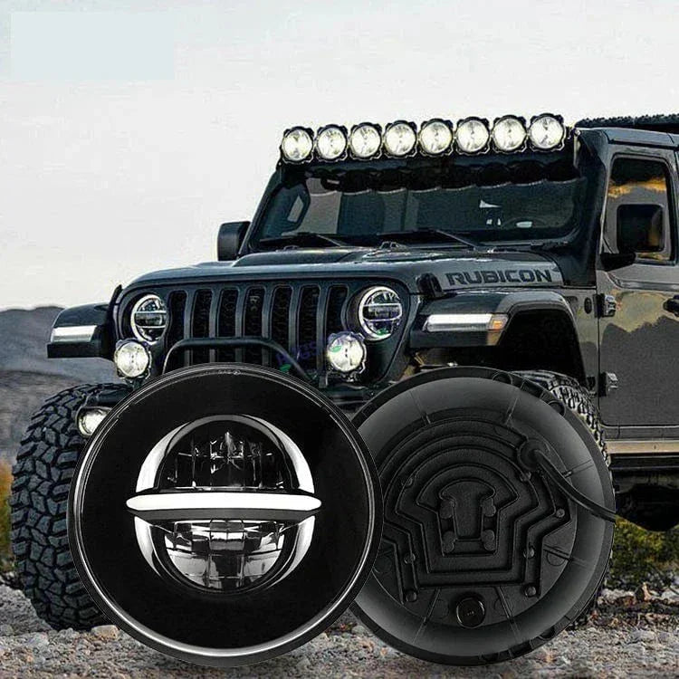 HJG 7 Inch Minus Thar Royal Enfield LED Headlight Assembly Halo Lights Dual Color Yellow White 7 Inch Round Motorcycle Lights For Jeeps Universal Car Compatible with Royal Enfield, Jeep, Thar Minus Thar - Biker.Store - www.biker.store