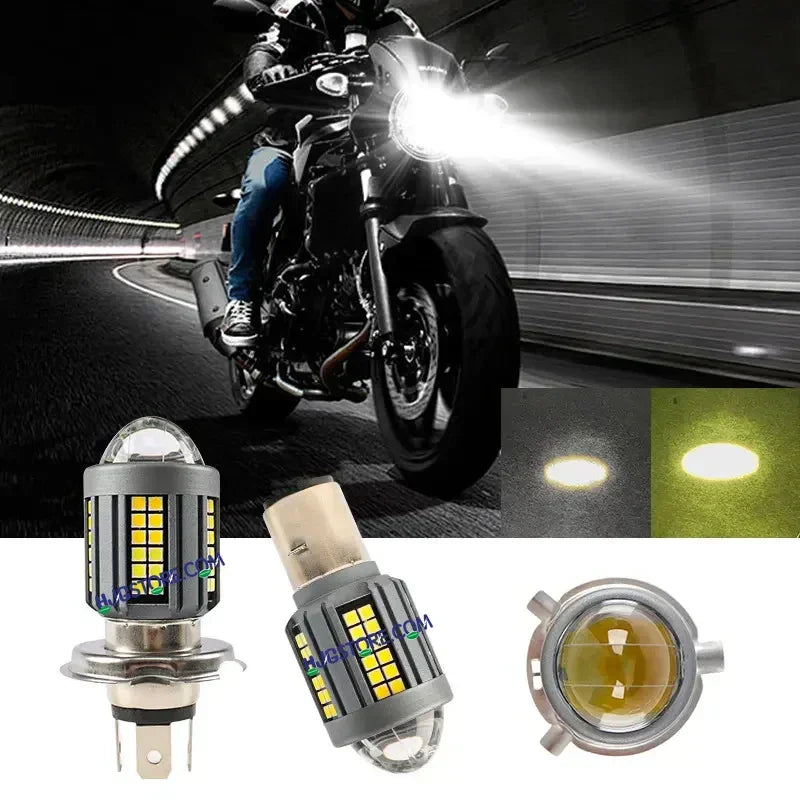 HJG H4 Lens New Model White Yellow LED Headlight Bulb H4 For All Motorcycles (Low and High Beam Bulbs (White) White Yellow 50W Lens) - Type H4 - Biker.Store - www.biker.store
