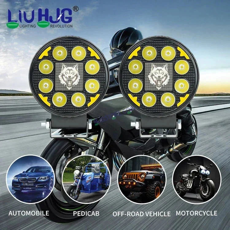 HJG 8 LED New Model Wolf Fog Light 60W LIU HJG Round Fog Light with DRL For Universal For Bike Universal For Car (Set of 2) 60W HJG Wolf Round Foglight with Red DRL, Flash Mode - Biker.Store - www.biker.store