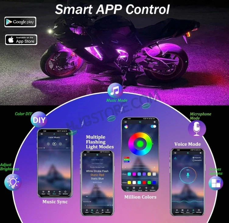 HJG 6Pcs Motorcycle Ambient Lighting Kit, Smart Mobile App Controlled RGB LED Underglow Strips (12V) | Waterproof & All Weather Proof | Flexible, Bendable & Can Be Cut Anywhere for Custom Fit | Multi-Color Accent Glow for All Bikes LIU HJG Ambient Light - Biker.Store - www.biker.store