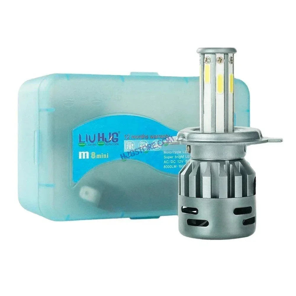 HJG M8 ORIGINAL 100W LED Headlight Bulb H4 For All Motorcycles (Low and High Beam Bulbs (White) AC/DC 100Watt 8 Side Chip) - Type H4 Hi/Lo - Biker.Store - www.biker.store