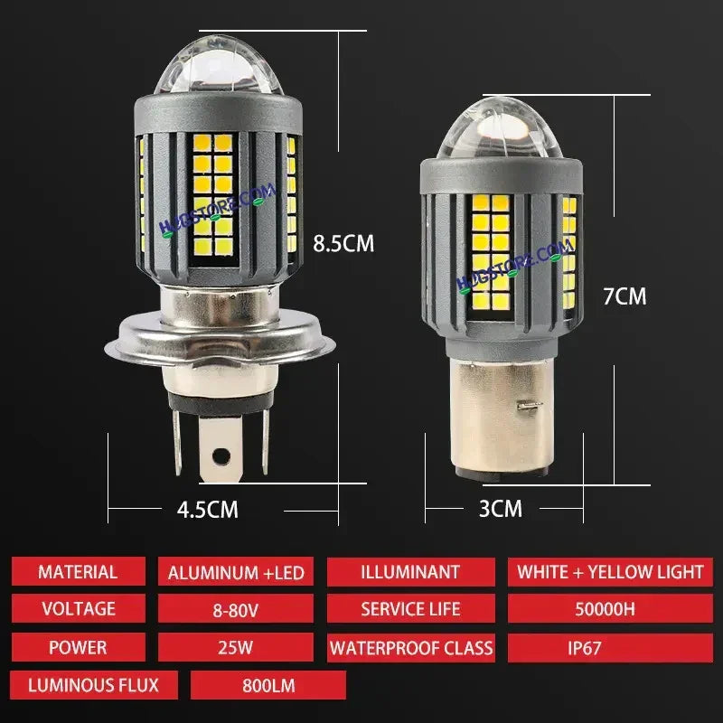 HJG H4 Lens New Model White Yellow LED Headlight Bulb H4 For All Motorcycles (Low and High Beam Bulbs (White) White Yellow 50W Lens) - Type H4 - Biker.Store - www.biker.store