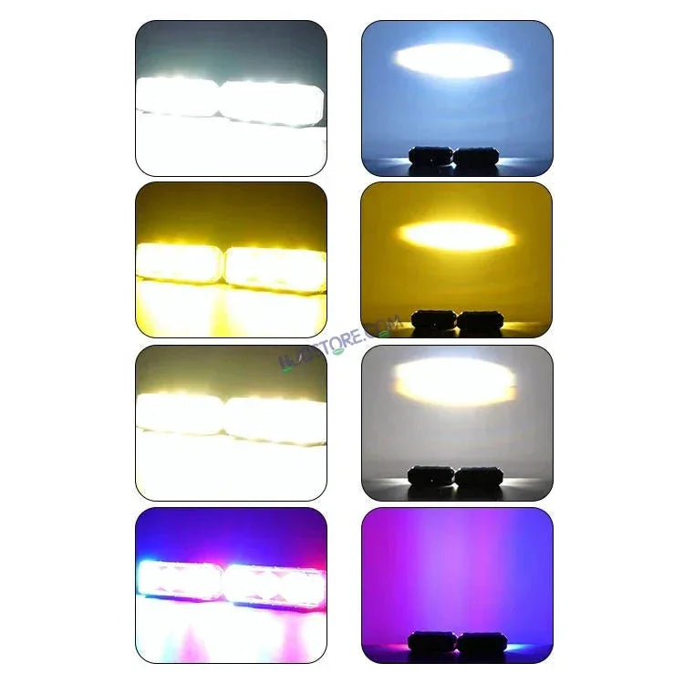 HJG 3 LED Light Bar Projector Foglight 2pc with Red Blue Flash Strobe Fog Light for Bikes and Cars High Power, Heavy clamp and Strong aluminum. (3 LED Fog Light Bar Single) White/Yellow, Red Blue Strobe Flash, Pack of 2 - Biker.Store - www.biker.store