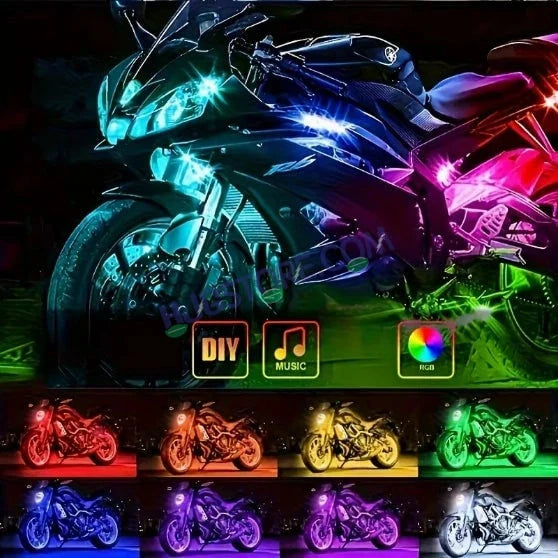 HJG 6Pcs Motorcycle Ambient Lighting Kit, Smart Mobile App Controlled RGB LED Underglow Strips (12V) | Waterproof & All Weather Proof | Flexible, Bendable & Can Be Cut Anywhere for Custom Fit | Multi-Color Accent Glow for All Bikes LIU HJG Ambient Light - Biker.Store - www.biker.store