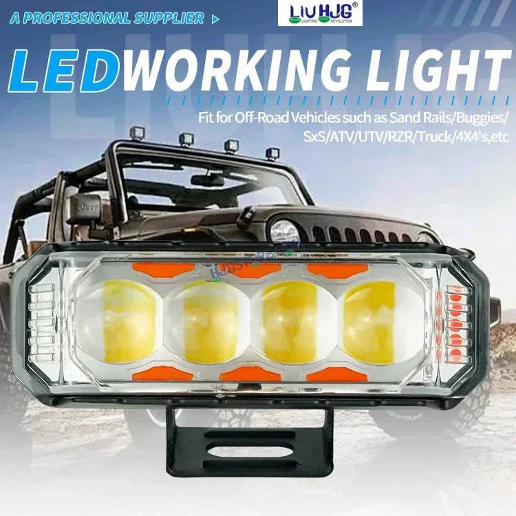 HJG 4 LED Light Bar 2pc with Red Blue Flash Strobe Fog Light for Bikes and Cars High Power, Heavy clamp and Strong aluminum. (4 LED Fog Light Bar Single) White/Yellow, Red Blue Strobe Flash, Pack of 2 - Biker.Store - www.biker.store