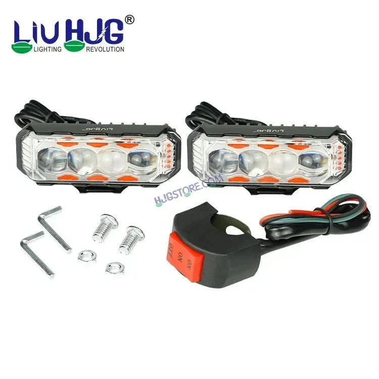HJG 4 LED Light Bar 2pc with Red Blue Flash Strobe Fog Light for Bikes and Cars High Power, Heavy clamp and Strong aluminum. (4 LED Fog Light Bar Single) White/Yellow, Red Blue Strobe Flash, Pack of 2 - Biker.Store - www.biker.store