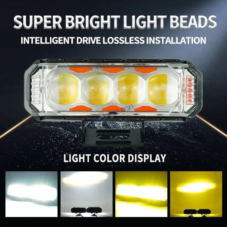 HJG 4 LED Light Bar with Red Blue Flash Strobe Fog Light for Bikes and Cars High Power, Heavy clamp and Strong aluminum. (4 LED Fog Light Bar Single) White/Yellow, Red Blue Strobe Flash, Pack of 1 - Biker.Store - www.biker.store