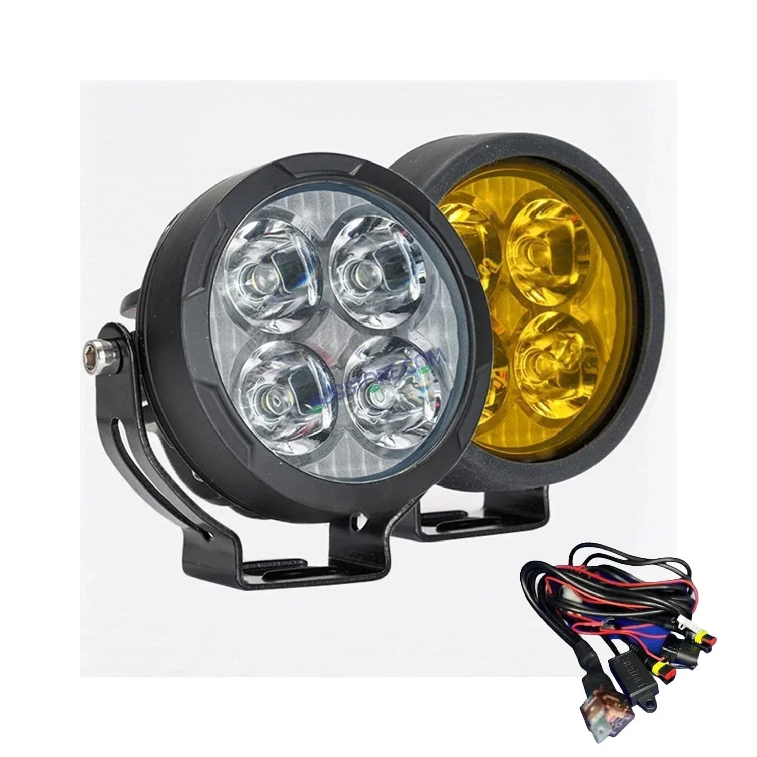 HJG 4 LED 80W Round CREE Foglight Foglamp with Yellow Cover 80W 4 LED HJG 80W 4 LED Car Accessories Led Headlights Lights Led Fog Lights For Motorcycle Car SUV Lights, Set of 2 with Wiring Harness Kit HJG 4 LED Round 80W - Biker.Store - www.biker.store