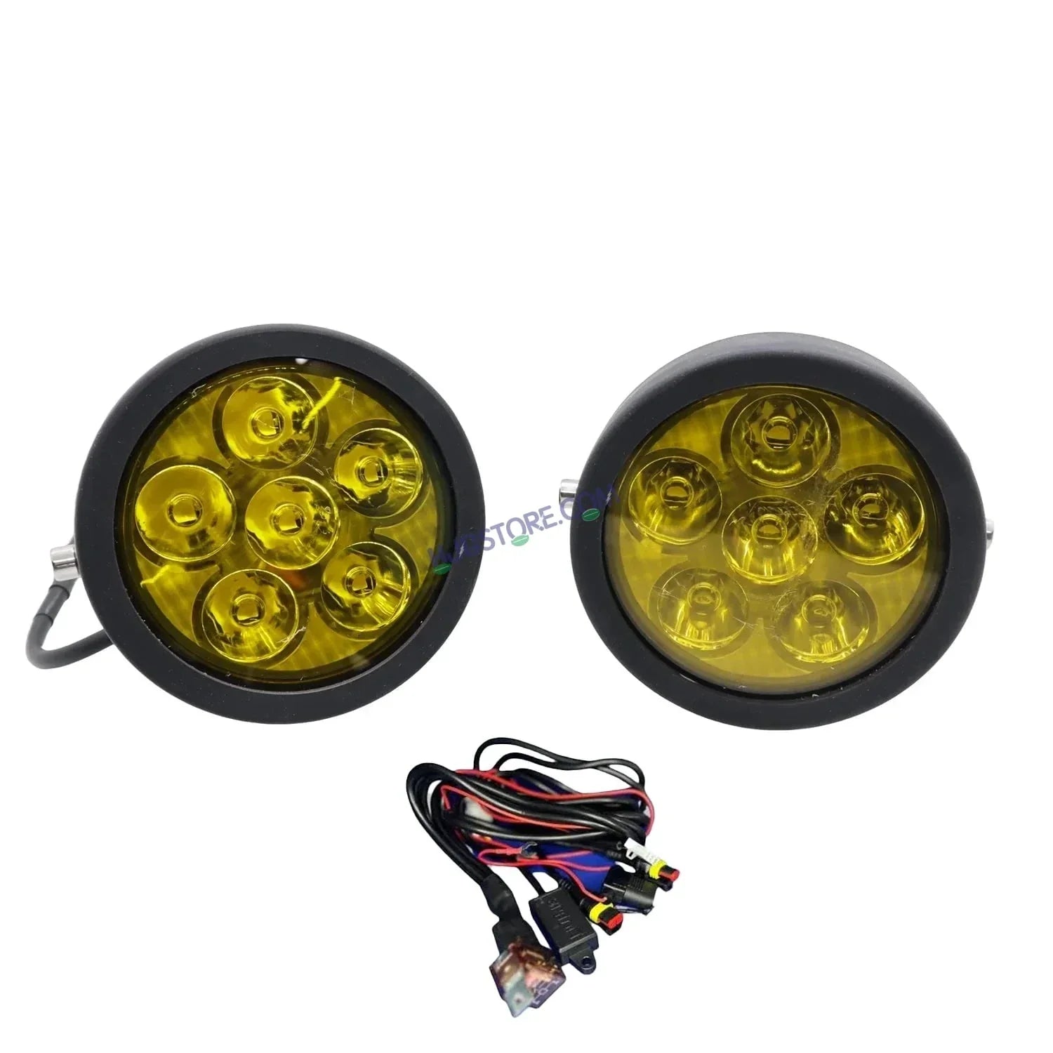 HJG 6 LED 120W Round CREE Foglight Foglamp with Yellow Cover 120W 6 LED HJG 120W 5 LED Car Accessories Led Headlights Lights Led Fog Lights For Motorcycle Car SUV Lights, Set of 2 with Wiring Harness Kit HJG 6 LED Round 120W - Biker.Store - www.biker.store