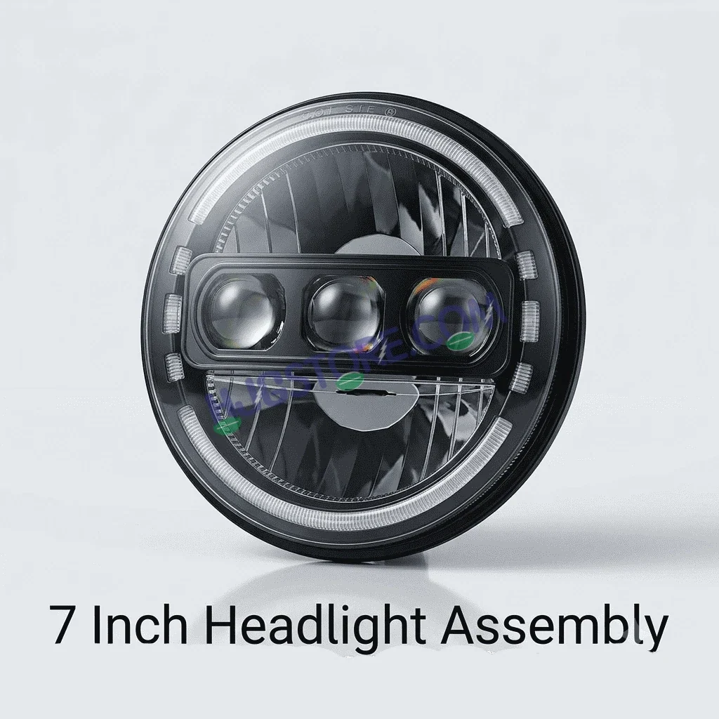 HJG C-235 Blue Halo Ring 7 Inch Headlight Assembly White Amber 7 Inch Headlight Assembly 133W Projector Ultra Wide C-235 White LED Headlight New Projector Headlight Assembly | 133W CREE/Osram LED Multi DRL Compatible with Royal Enfield, Jeep, Thar, Gypsy - Biker.Store - www.biker.store