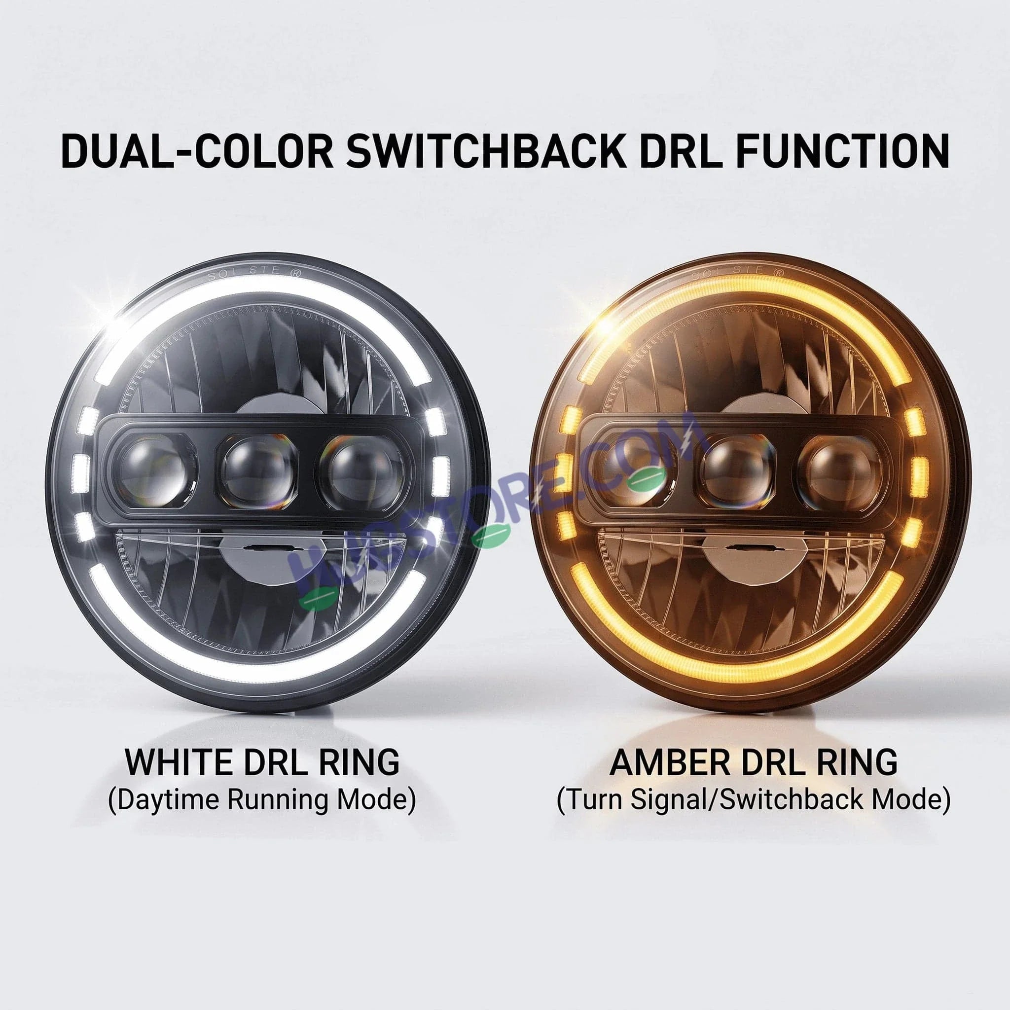 HJG C-235 Blue Halo Ring 7 Inch Headlight Assembly White Amber 7 Inch Headlight Assembly 133W Projector Ultra Wide C-235 White LED Headlight New Projector Headlight Assembly | 133W CREE/Osram LED Multi DRL Compatible with Royal Enfield, Jeep, Thar, Gypsy - Biker.Store - www.biker.store