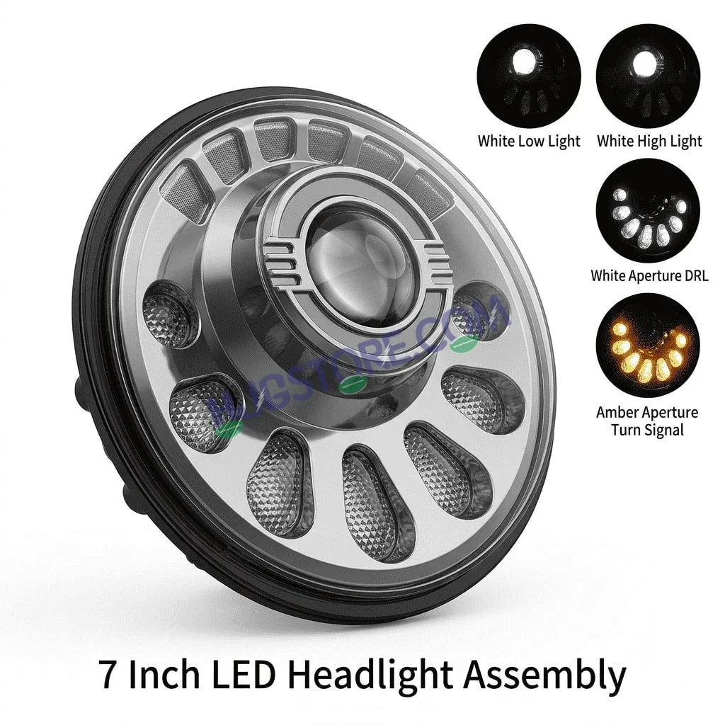 HJG C-250 Petal 7 Inch Headlight Assembly White Amber Petals 7 Inch Headlight Assembly 88W Projector Ultra Wide C-250 White LED Headlight New Projector Headlight Assembly | 88W CREE/Osram LED Chip Multi DRL Compatible with Royal Enfield, Jeep, Thar, Gypsy - HJGstore.com
