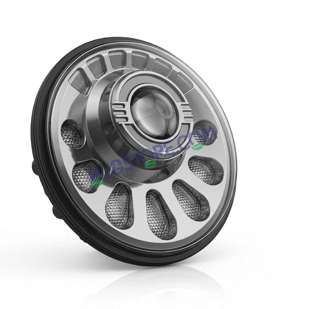 HJG C-250 Petal 7 Inch Headlight Assembly White Amber Petals 7 Inch Headlight Assembly 88W Projector Ultra Wide C-250 White LED Headlight New Projector Headlight Assembly | 88W CREE/Osram LED Chip Multi DRL Compatible with Royal Enfield, Jeep, Thar, Gypsy - HJGstore.com