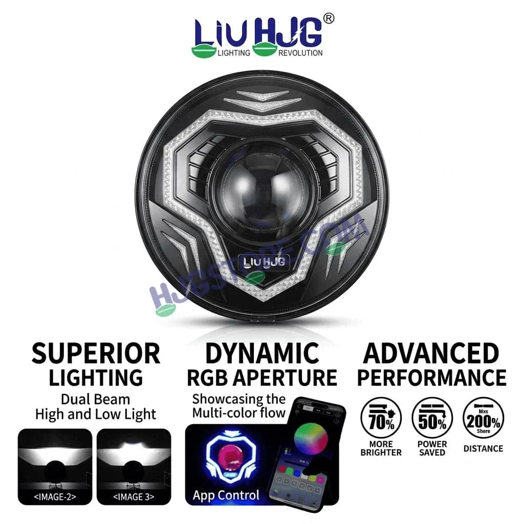 HJG C-292 Prime App-Controlled RGB DRL 7 Inch Headlight Assembly White Amber 7 Inch Headlight Assembly 108W Projector Ultra Wide C-292 LED Headlight Assembly | 108W CREE/Osram LED Chip RGB App Control DRL Compatible with Royal Enfield, Jeep, Thar, Gypsy - Biker.Store - www.biker.store