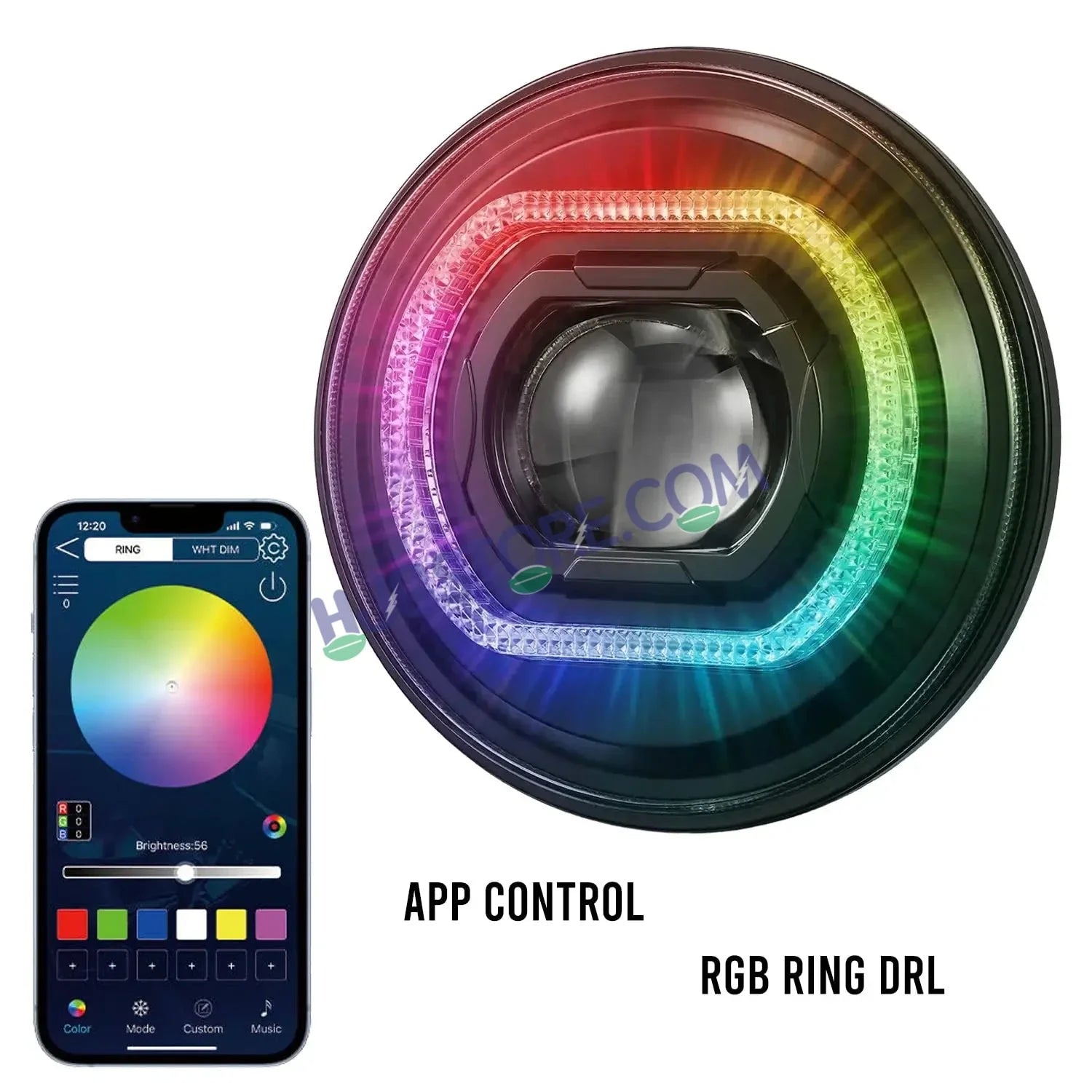 HJG RGB Ring DRL 90W Projector Ultra Wide 7 Inch Headlight Assembly Mobile App Control C-316 White LED Headlight New Model Projector Headlight Assembly for Royal Enfield | 90W CREE/Osram LED Chip Multi DRL Compatible with Royal Enfield, Jeep, Thar, Gypsy - HJGstore.com
