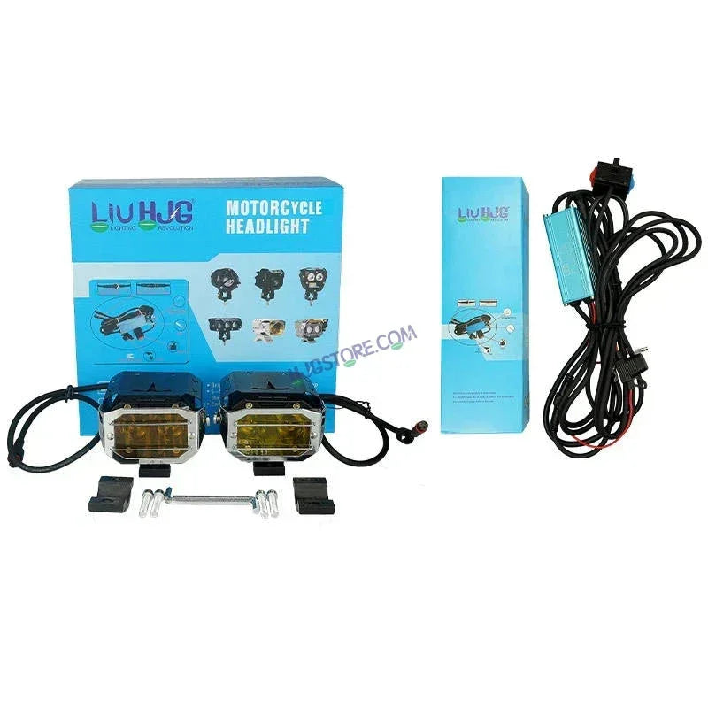 HJG Chrome Transformer Foglight 140W LED Projector with Wiring Kit Slider Yellow Cap Wide Spread White/Yellow 140W 2pc Foglight Ultra Wide Dual Intensity LED Driving Fog Lights 3000K/6500K Universal For All Cars & Bikes, Pack of 2 with Wiring Harness Kit - Biker.Store - www.biker.store