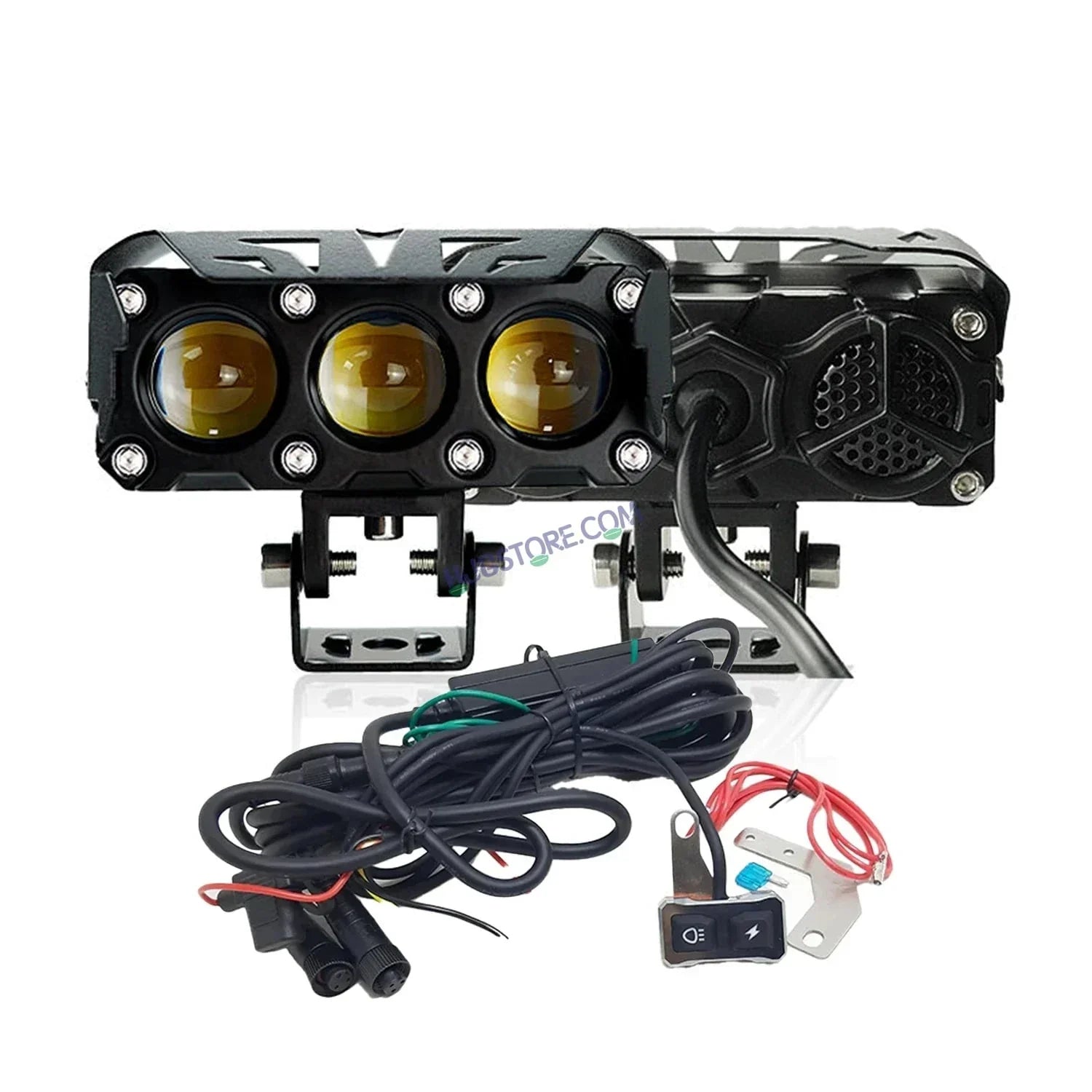 HJG Future Eyes 3 Lens Foglight with Wiring Harness Kit 120W 3 Lens Projector Lens Fog Light 120W Foglight Ultra Wide Dual Intensity LED Fog Lights White/Yellow Universal For All Cars & Bikes LIU HJG Future Eyes 3 Lens Foglight with Wiring Harness Kit - Biker.Store - www.biker.store
