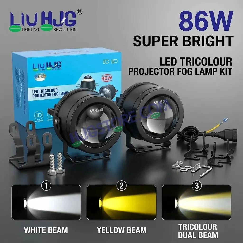 HJG 3-Inch Car Tri-Color LED Projector H-J162 Fog Lamp 2Pcs | 86W 8600LM/Pair | Direct Fit H8/H9/H11/H16 Socket | DC 12V-80V | 3200K-6500K White, Yellow, Warm White Hi/Lo | Premium Waterproof Driving Light For Car & SUV | LIU HJG H-J162 3 Inch Foglamp - Biker.Store - www.biker.store