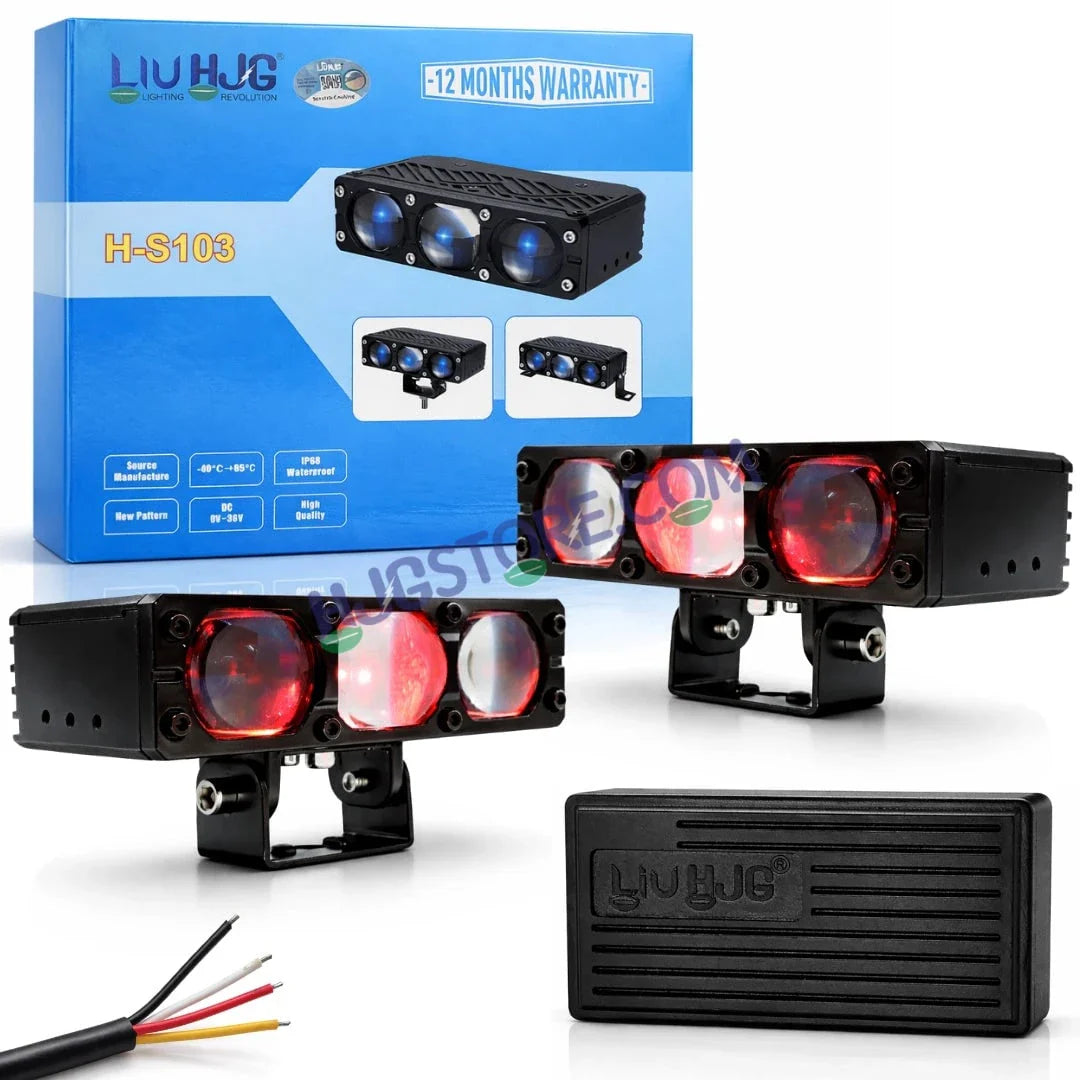 HJG HS103 200W 3-Lens LED Front Grille Fog Light | 3000K Yellow & 6000K White Dual Color Beam | Red Devil Eye DRL | 20000LM IP68 Waterproof 12V-80V 200W Universal Auxiliary Driving Pods for Car, Motorcycle & SUV LIU HJG HS103 Triple Lens 200W Slim Drive - Biker.Store - www.biker.store