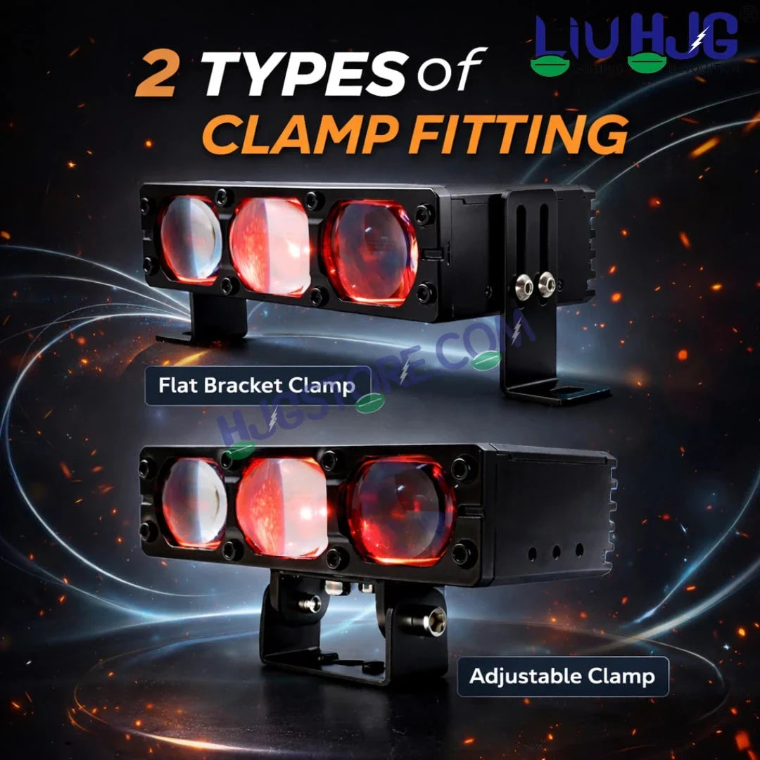 HJG HS103 200W 3-Lens LED Front Grille Fog Light | 3000K Yellow & 6000K White Dual Color Beam | Red Devil Eye DRL | 20000LM IP68 Waterproof 12V-80V 200W Universal Auxiliary Driving Pods for Car, Motorcycle & SUV LIU HJG HS103 Triple Lens 200W Slim Drive - Biker.Store - www.biker.store