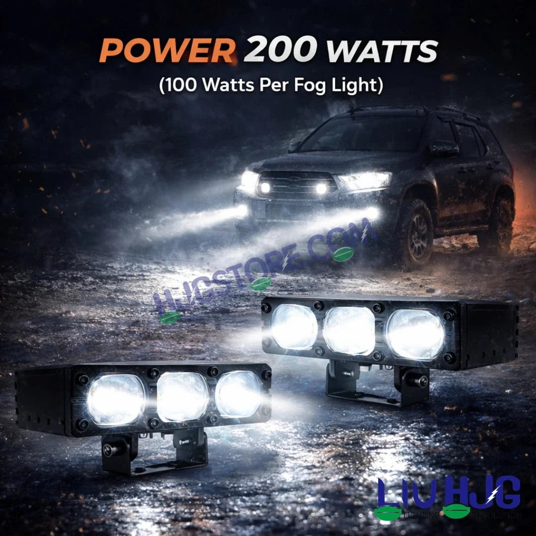 HJG HS103 200W 3-Lens LED Front Grille Fog Light | 3000K Yellow & 6000K White Dual Color Beam | Red Devil Eye DRL | 20000LM IP68 Waterproof 12V-80V 200W Universal Auxiliary Driving Pods for Car, Motorcycle & SUV LIU HJG HS103 Triple Lens 200W Slim Drive - Biker.Store - www.biker.store