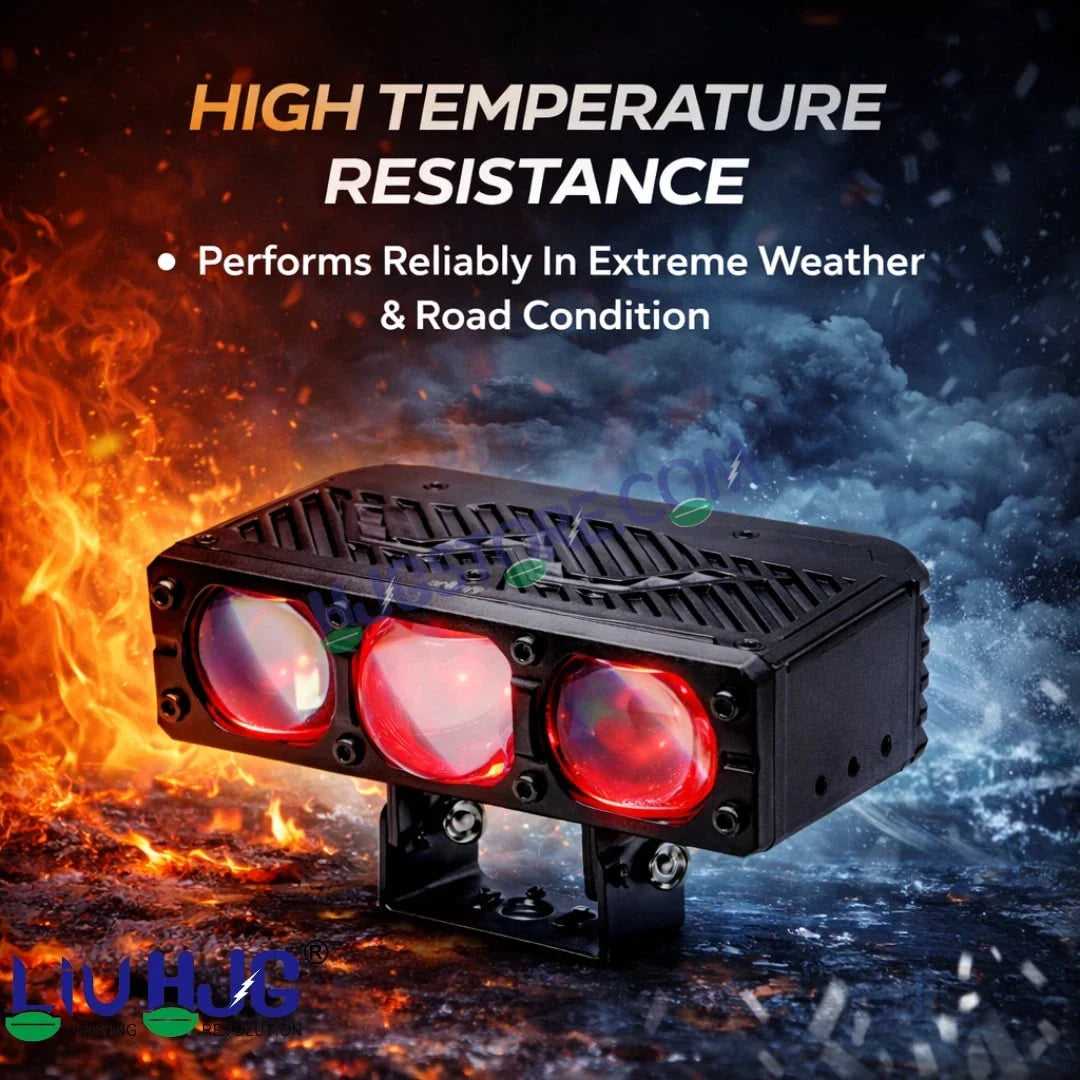 HJG HS103 200W 3-Lens LED Front Grille Fog Light | 3000K Yellow & 6000K White Dual Color Beam | Red Devil Eye DRL | 20000LM IP68 Waterproof 12V-80V 200W Universal Auxiliary Driving Pods for Car, Motorcycle & SUV LIU HJG HS103 Triple Lens 200W Slim Drive - Biker.Store - www.biker.store