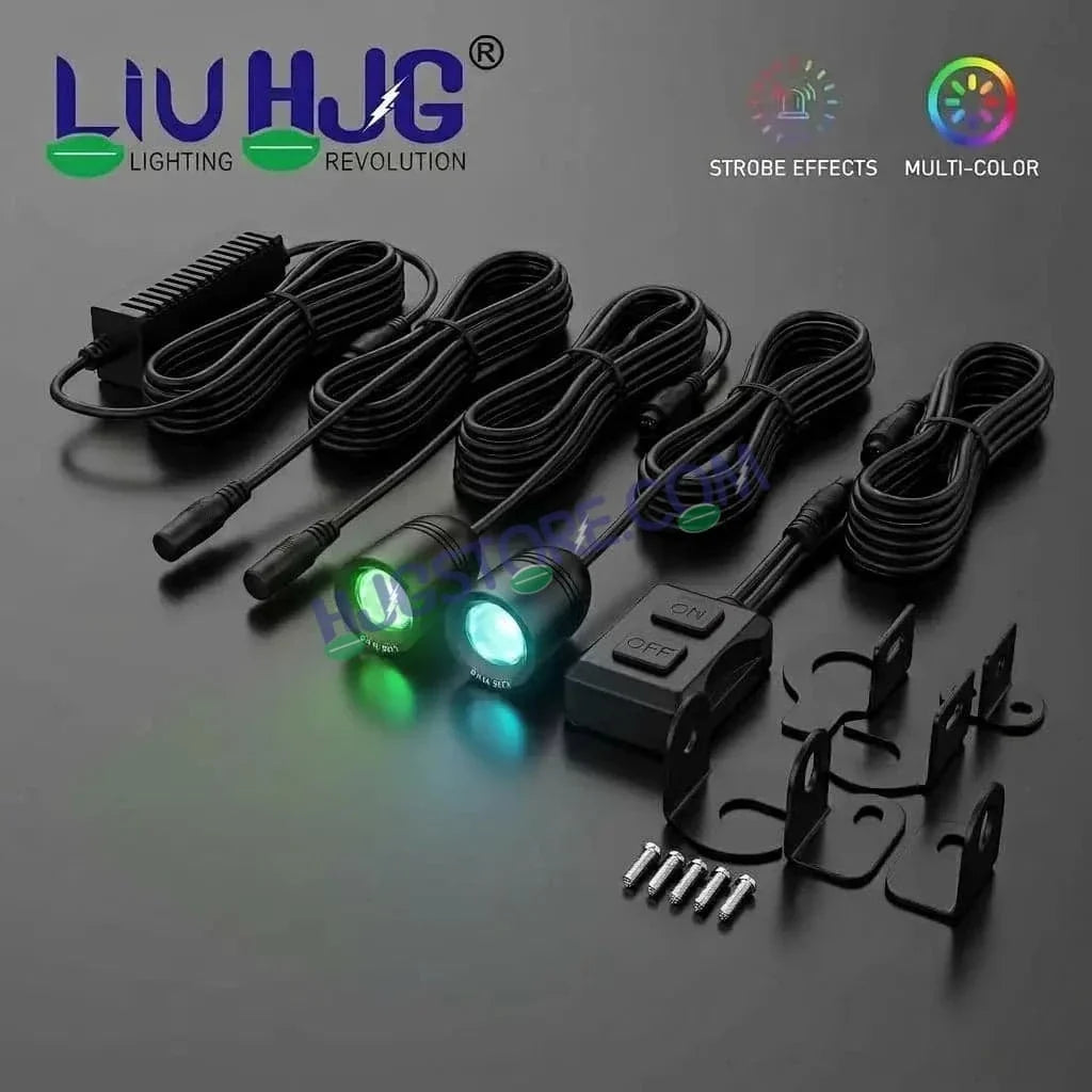 HJG 2 Pcs Motorcycle LED Strobe Light Kit with Remote Control, Wiring Harness, Relay Module & Switch - Multi-Color Flashing Auxiliary Projector Lights - Universal Fit for Bikes, Cars, SUVs, Cruisers & Custom Builds - Biker.Store - www.biker.store