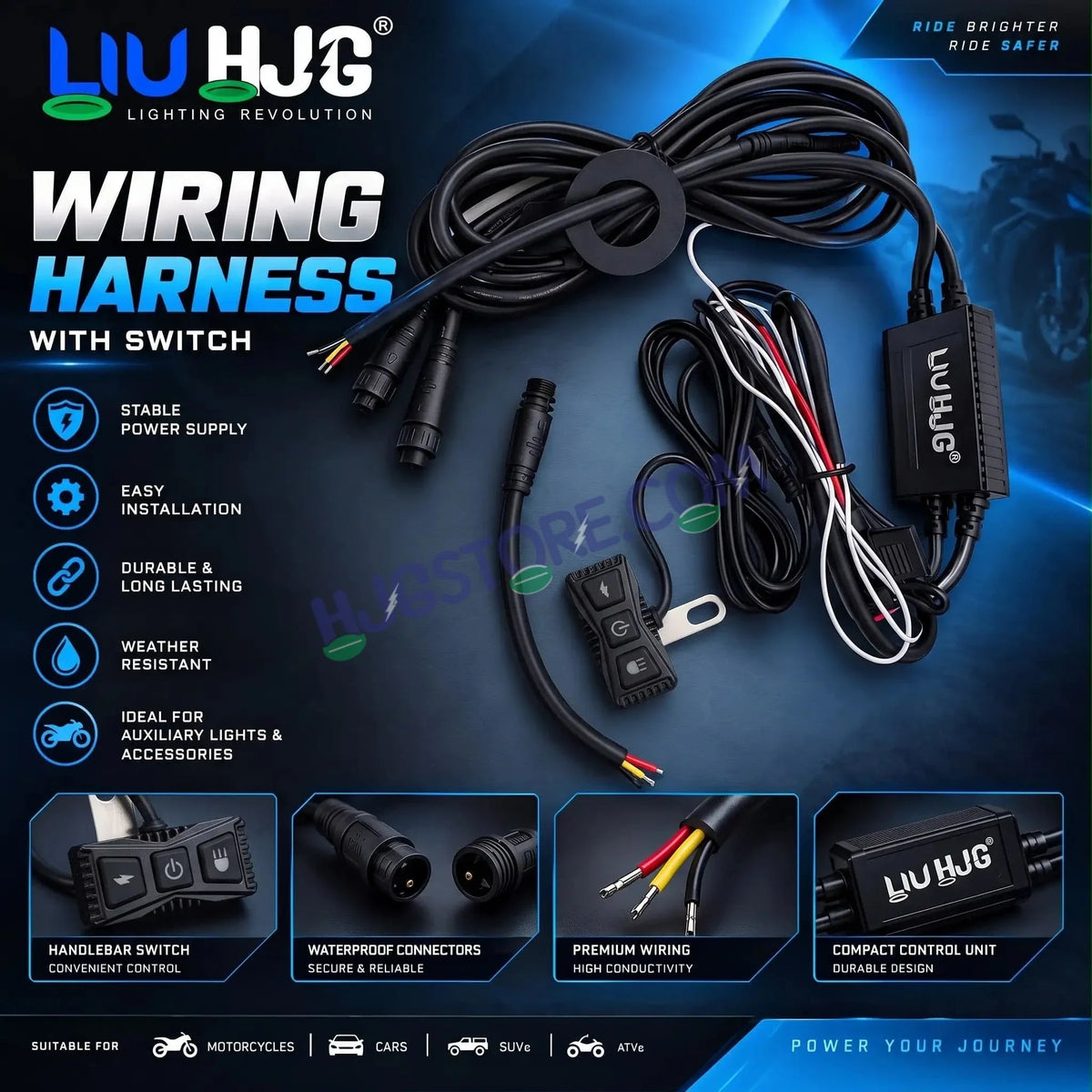 HJG Premium 3 Pin 120W Wiring Harness Kit with Backlight Switch & Flashing Mode | Waterproof Coupler-to-Coupler Fitting for Fog & Auxiliary Lights | Universal Fit for Motorcycles, Cars, SUVs & ATVs, Included Couplers for Coupler to Coupler Fitting - Biker.Store - www.biker.store