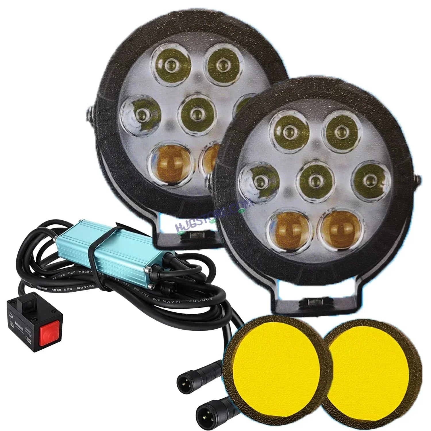 HJG New 7 LED 140W Projector CREE Combo Round Foglight with Yellow Cover 140W 7 LED HJG 140W 5 LED CREE 2 LED Projector 7 LED Foglight Car Accessories Led Headlights Lights Led Fog Lights For Motorcycle Car SUV Lights, Set of 2 with Wiring Harness Kit - Biker.Store - www.biker.store