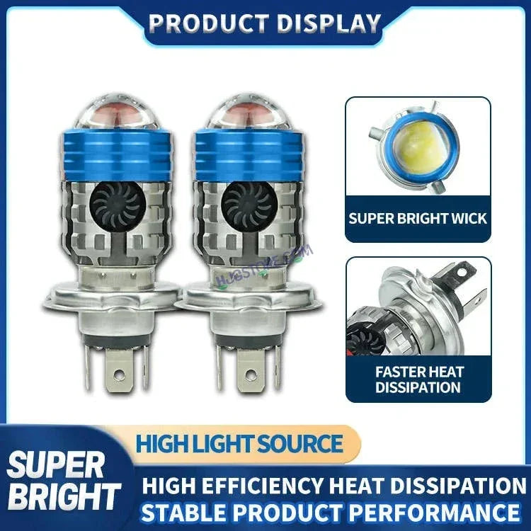 HJG H4 Lens Headlight Bulb with Cooling Fan New Model White Yellow LED Headlight Bulb H4 For All Motorcycles (Low and High Beam Bulbs (White/Yellow) White Yellow 40W Lens) LIU HJG H4 Lens Headlight with Cooling Fan - Type H4 - Biker.Store - www.biker.store