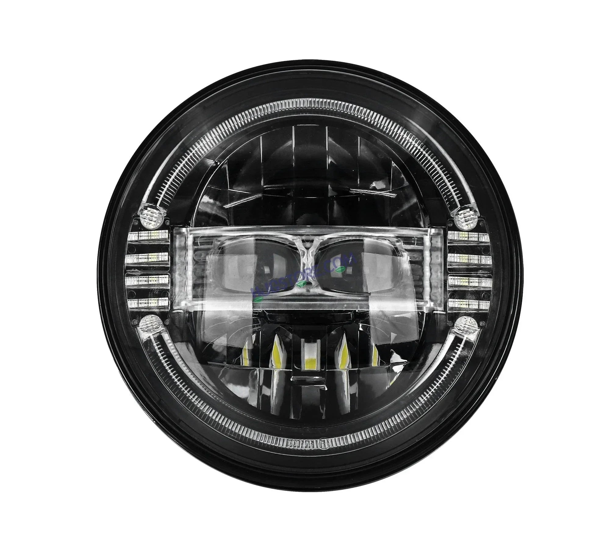 HJG New Harley Minus Projector 7 Inch Headlight Assembly with Animated Blue/White DRL White LED Headlight Minus Crystal Headlight Assembly for Thar Royal Enfield | 75-120W CREE/Osram LED Chip Multi color High/Low Beam, DRL For Royal Enfield, Jeep, Thar - Biker.Store - www.biker.store