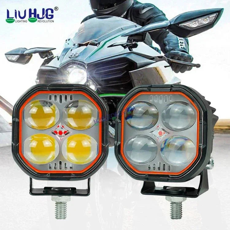 HJG New 4x4 Projector Lens 2pc Foglight 4 LED Projector Fog Quad 4x4 Lens 80W with Red DRL Foglight Ultra Wide Dual Intensity LED Fog Lights White/Yellow/Red DRL Projector (80W) Universal For All Cars & Bikes LIU HJG Projector 4x4 Lens Projector Fog Light - Biker.Store - www.biker.store