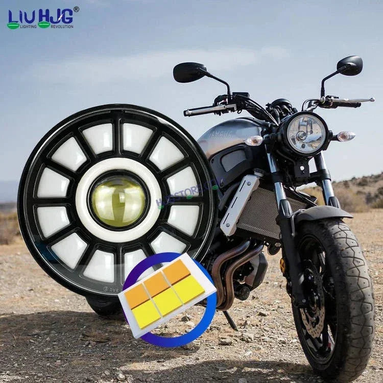 HJG 7 Inch Chakri Multi Color LED Headlight Chakra Headlight Assembly for Thar Royal Enfield | 75-120W CREE/Osram LED Chip Multi color Compatible with Royal Enfield, Jeep, Thar, Gypsy - Biker.Store - www.biker.store