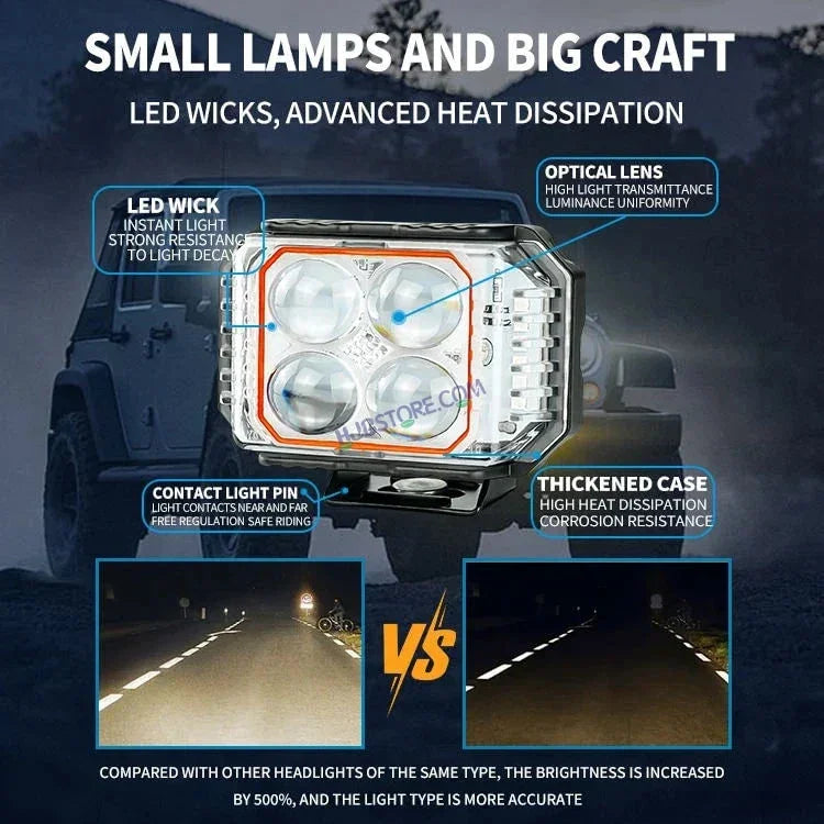 HJG New 4x4 Projector Lens 1pc Foglight with Red Blue Flash 4 LED Projector Fog Quad 4x4 Lens 40W with Red DRL Foglight Ultra Wide Dual Intensity LED Fog Lights White/Yellow/Red Blue Flash (40W) Universal For All Cars & Bikes LIU HJG Projector 4x4 Fog - Biker.Store - www.biker.store
