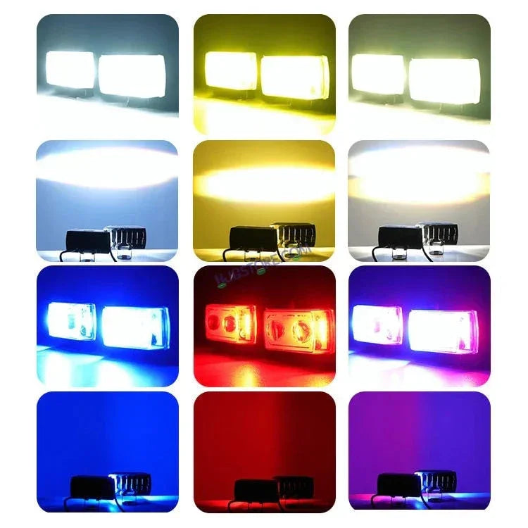 HJG 2 LED with Red Blue Flash Strobe 2pc LIU HJG Fog Light with Switch Combo for Bikes and Cars High Power, Heavy clamp and Strong aluminum. (2 LED Fog) White/Yellow Projector, Red Blue Strobe Flash - Biker.Store - www.biker.store