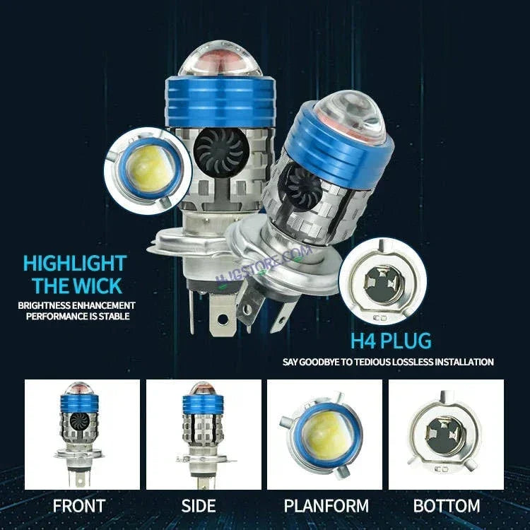 HJG H4 Lens Headlight Bulb with Cooling Fan New Model White Yellow LED Headlight Bulb H4 For All Motorcycles (Low and High Beam Bulbs (White/Yellow) White Yellow 40W Lens) LIU HJG H4 Lens Headlight with Cooling Fan - Type H4 - Biker.Store - www.biker.store