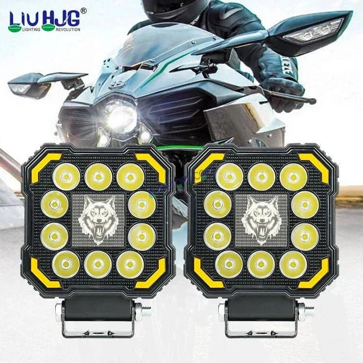 HJG 11 LED New Model Wolf Fog Light 60W LIU HJG Square Fog Light with DRL For Universal For Bike Universal For Car (Set of 2) 60W HJG Wolf Foglight with Red DRL, Flash Mode - Biker.Store - www.biker.store