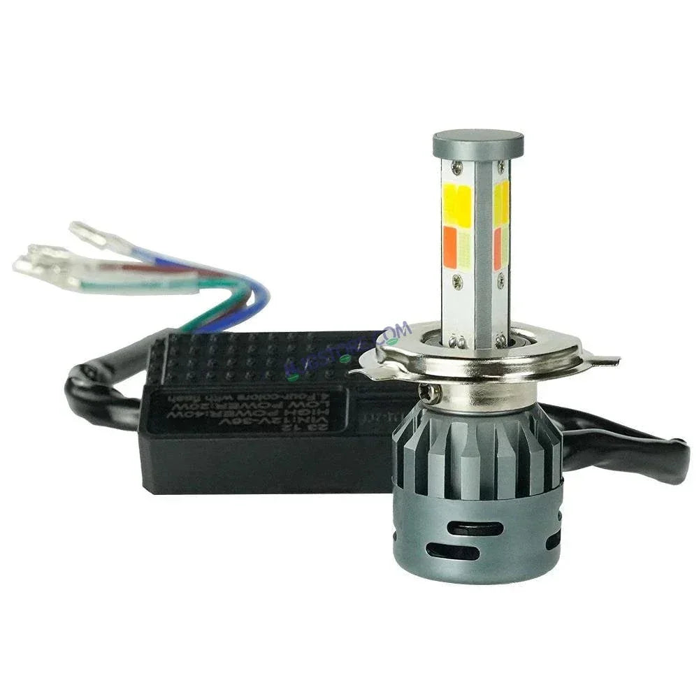 HJG M3 Multi Color Mini ORIGINAL LED Headlight Bulb H4 50W For All Motorcycles (Low and High Beam Bulbs (White/Multi) AC/DC 50Watt 3 Side Chip) - Type H4 Multi Colour - Biker.Store - www.biker.store