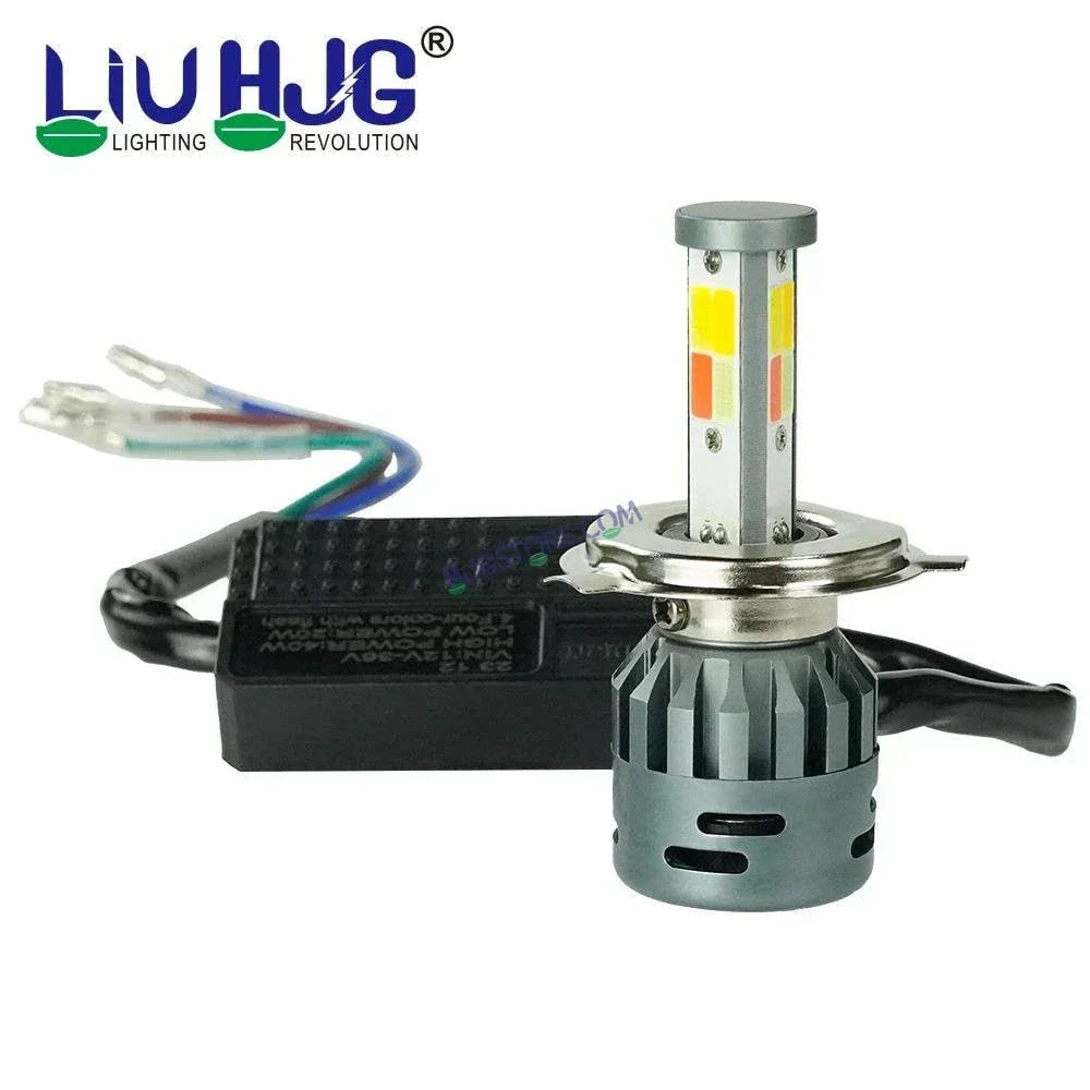 HJG M3 Multi Color Mini ORIGINAL LED Headlight Bulb H4 50W For All Motorcycles (Low and High Beam Bulbs (White/Multi) AC/DC 50Watt 3 Side Chip) - Type H4 Multi Colour - Biker.Store - www.biker.store