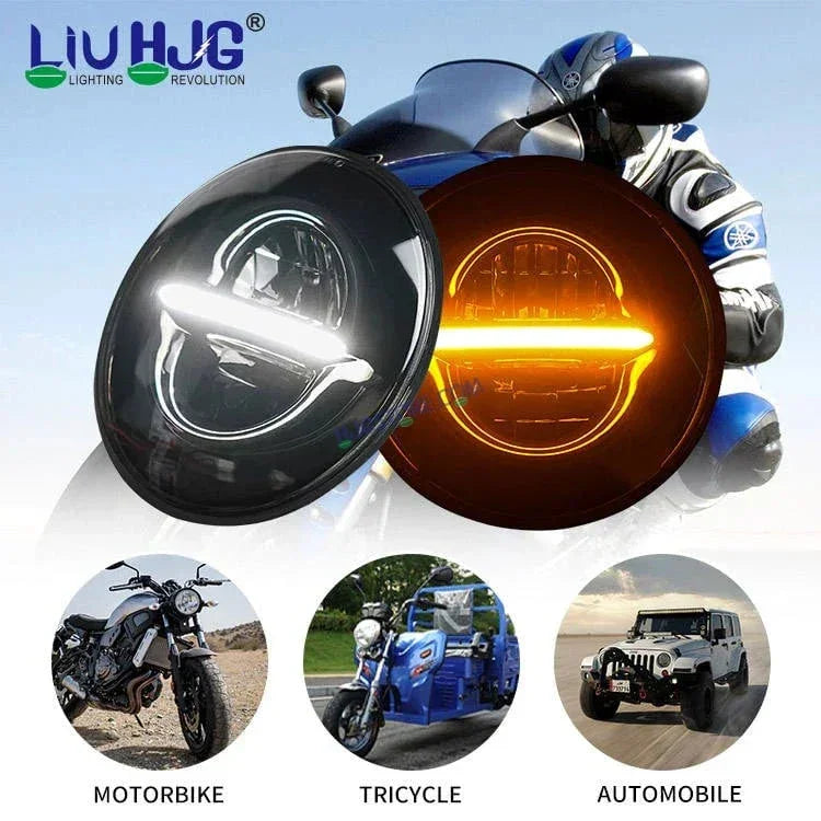 HJG 7 Inch Minus Thar Royal Enfield LED Headlight Assembly Halo Lights Dual Color Yellow White 7 Inch Round Motorcycle Lights For Jeeps Universal Car Compatible with Royal Enfield, Jeep, Thar Minus Thar - Biker.Store - www.biker.store