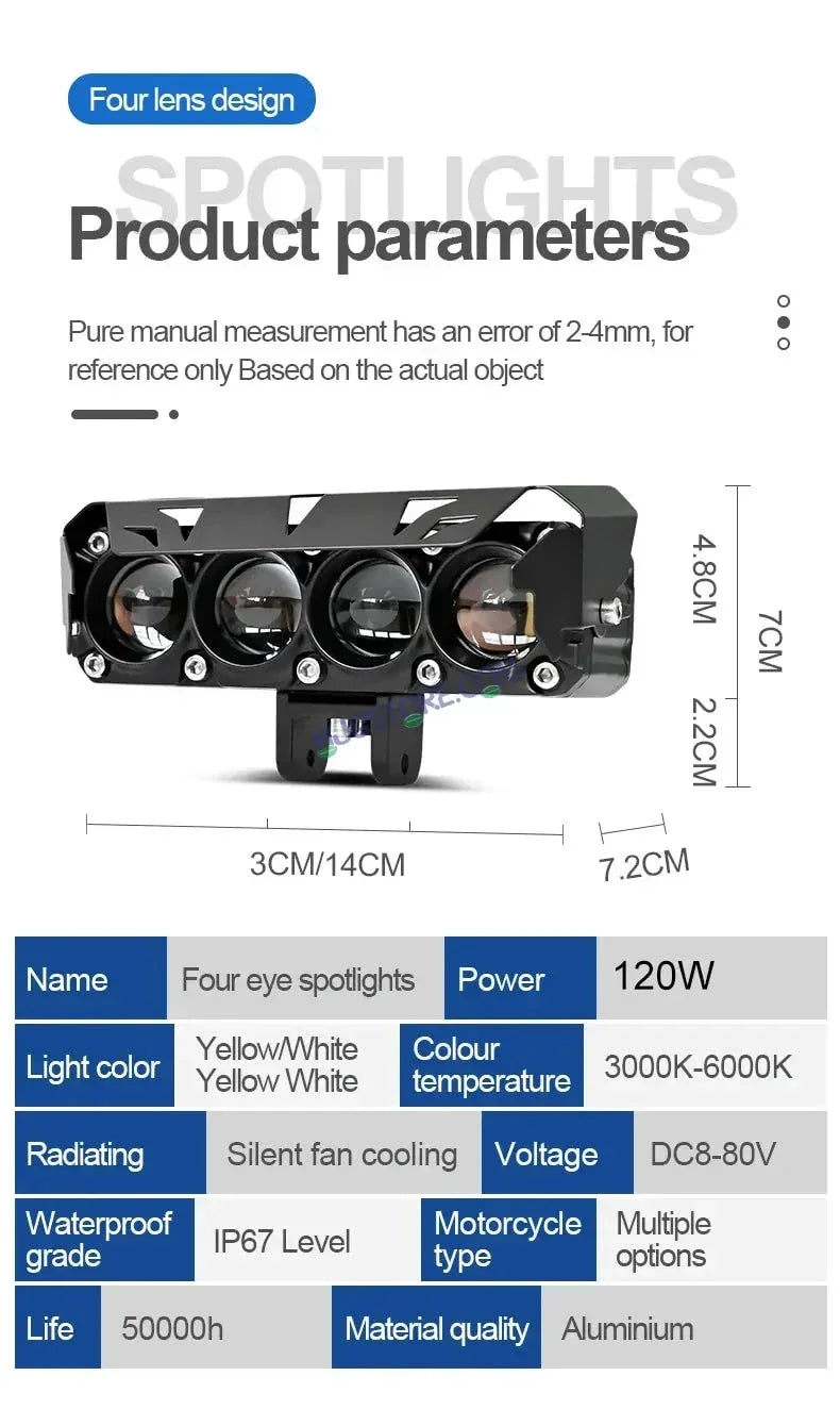 HJG LIU HJG Future Eyes 4 Lens Heavy with Remote Wiring Harness Kit 120W 4 Lens MEGA DRIVE Fog Light For Bike/Car/Thar/Jeep ( Cool White, 60W each * 2 = 120W Total ) - Pack of 2 HJG Future Eyes 4 Lens with Remote Wiring Harness Kit - Biker.Store - www.biker.store