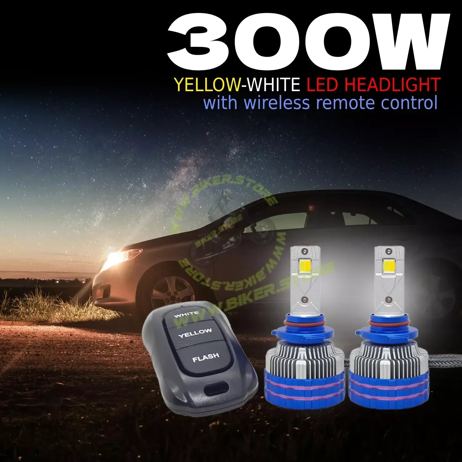 Ki Karry 300W YELLOW/WHITE CAR LED HEADLIGHT BULB WITH REMOTE CONTROL - Biker.Store - www.biker.store