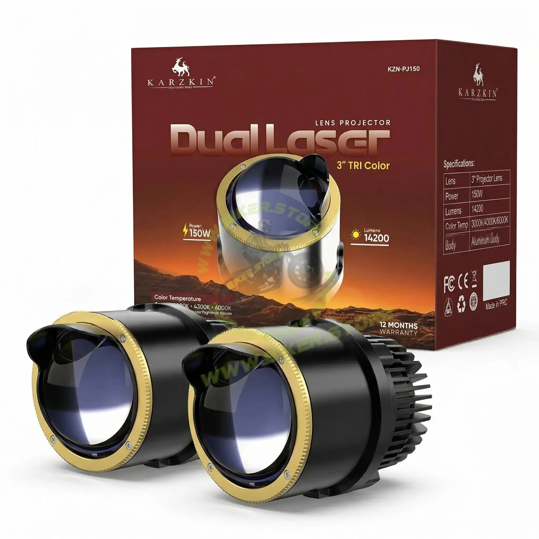 KARZKIN 3" Dual Laser Bi-LED Fog Lamp Projector Lens - Tri-Color Switchable (3000K/4300K/6000K) - 150W 14200 Lumens Super Bright Car Fog Lights - IP67 Waterproof Universal Auto Retrofit Upgrade - Biker.Store - www.biker.store