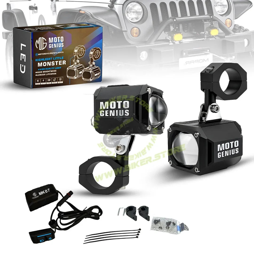 MOTO GENIUS MK07 WITH HARNESS 80W piece High-Performance LED Auxiliary Fog Light | Single Lens | Yellow Low Beam & White High Beam | With Wiring Harness & Switch(Pack of 2) - Biker.Store - www.biker.store