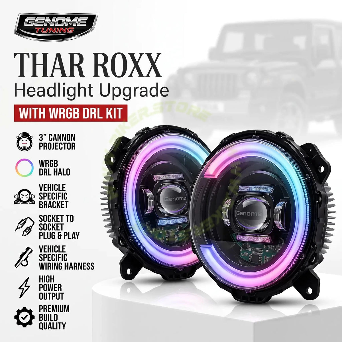 Genome Tuning Thar RGB 7-Inch 300W 36,000LM App Controlled LED Headlight Assembly for Mahindra Thar Roxx | App-Controlled Bluetooth WRGB DRL Halo, 3" Cannon Projector, Plug & Play | 24-Month Warranty - Biker.Store - www.biker.store
