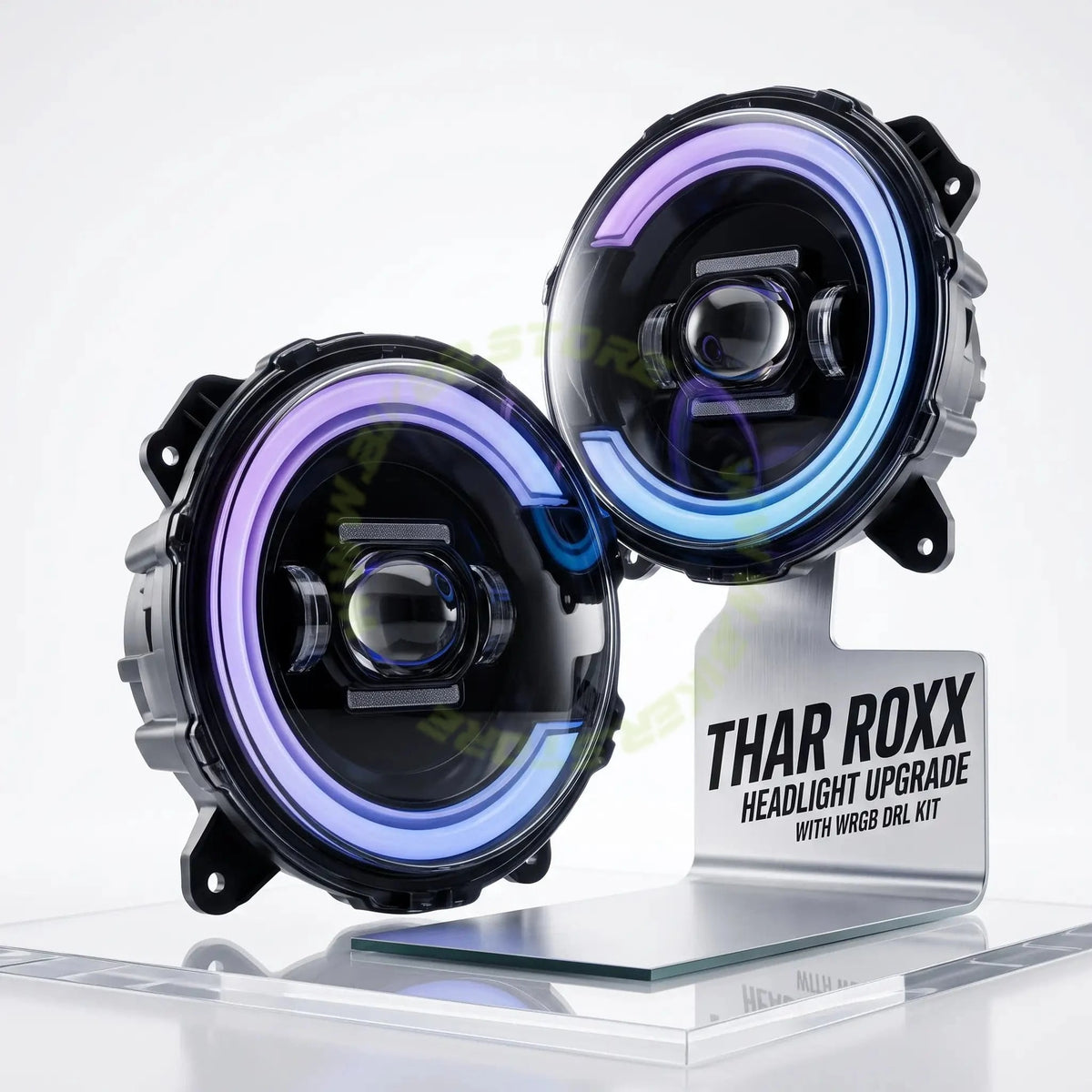 Genome Tuning Thar RGB 7-Inch 300W 36,000LM App Controlled LED Headlight Assembly for Mahindra Thar Roxx | App-Controlled Bluetooth WRGB DRL Halo, 3" Cannon Projector, Plug & Play | 24-Month Warranty - Biker.Store - www.biker.store